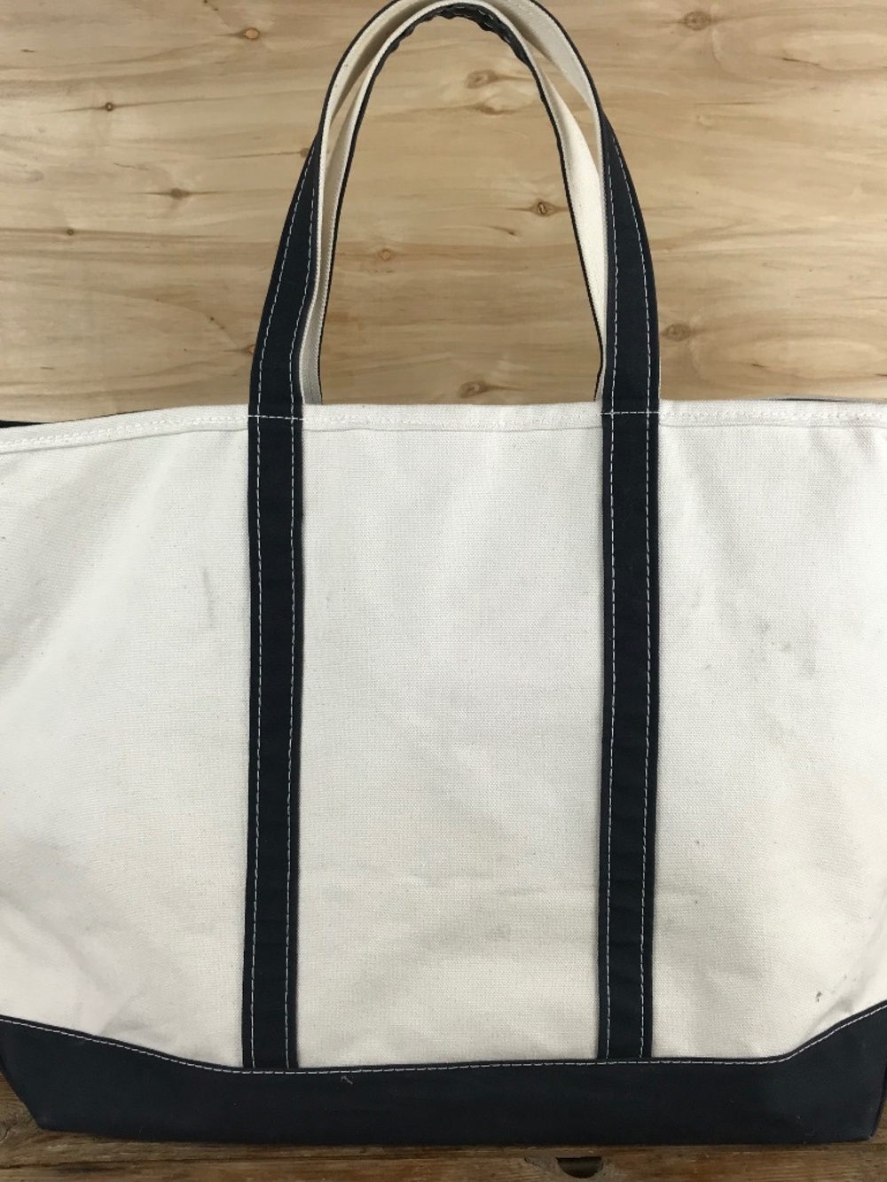 Vintage LL Bean Boat & Tote Canvas Bag White Navy Blue Handles Zip X Large USA